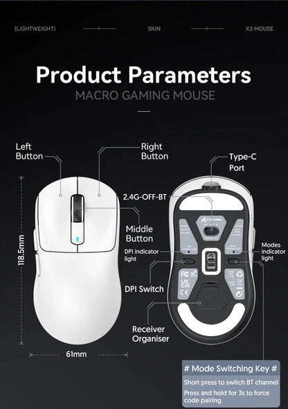 X3 vezeték nélküli gamer egér ATTACK SHARK, piros, 4K válaszidő, Bluetooth hárommódú kapcsolat, PAW3395, makrós Bluetooth gamer egér