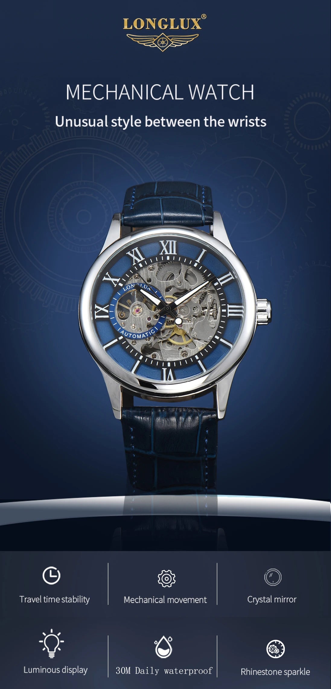 LONGLUX automatic watch rome wholesale mechanical wristwatches waterproof hollow leather mens watch men gift