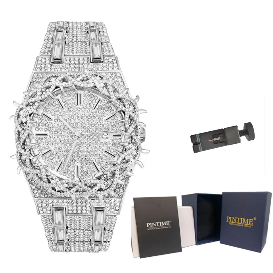 Luxury Full Diamond Men's Quartz Watch Thorn Bracelet Hip Hop Style Date Display with Luminous Function Men business Wristwatch