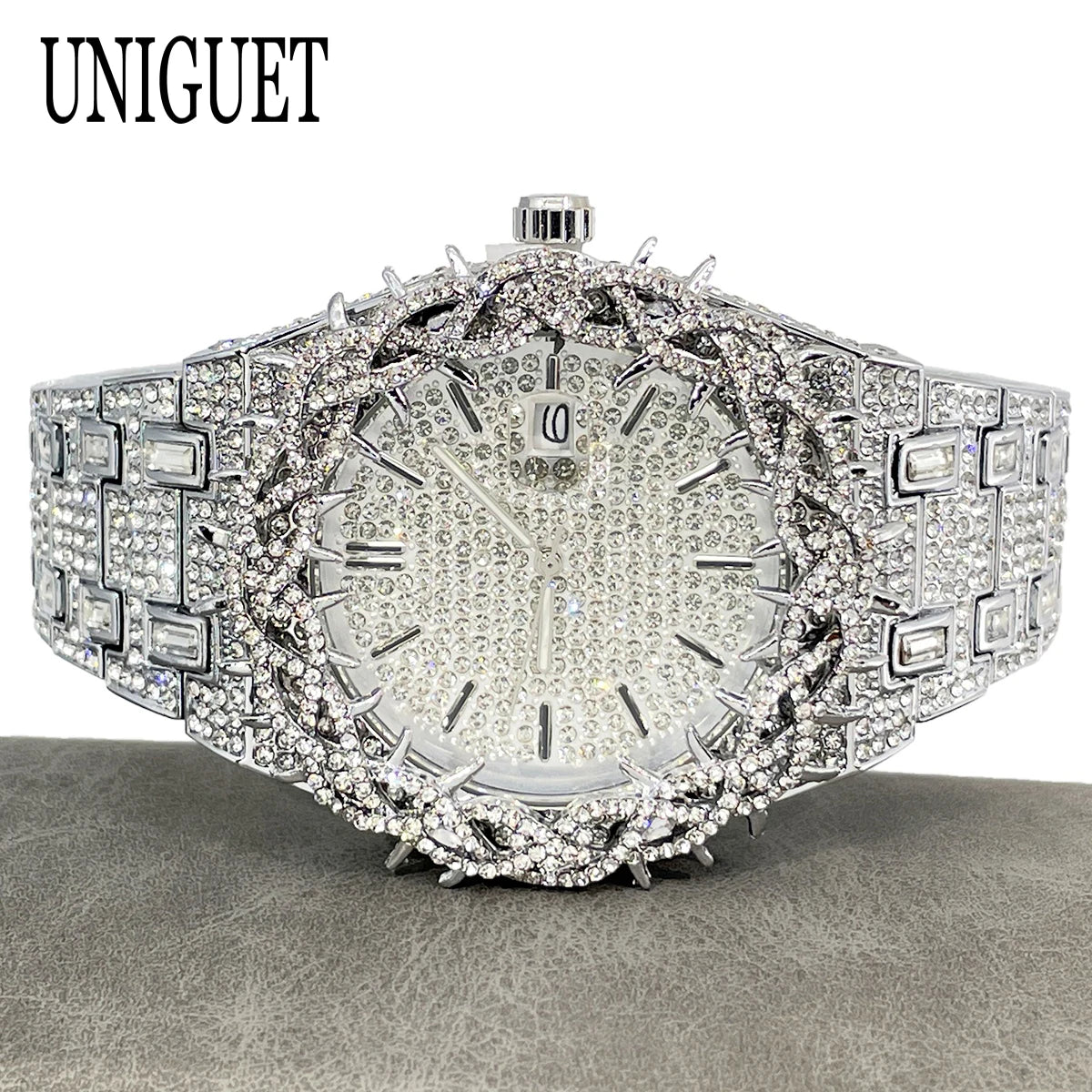 UNIGUET Luxury Full Diamond Watch For Men Fashion Hip Hop Ice Qut Bling Jewelry Quartz Wristwatch For Man Dropshipping