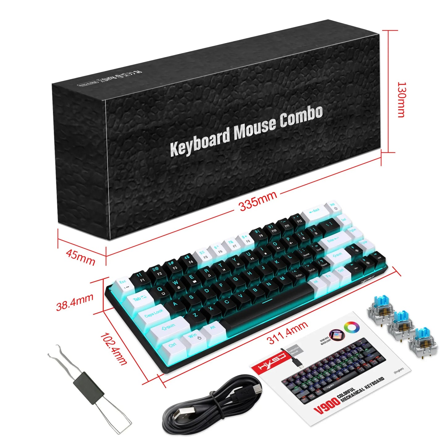 Tastiera meccanica gaming 60% USB con tasti bianchi, mini tastiera gamer ergonomica per computer, retroilluminata, tastiera PC per musica