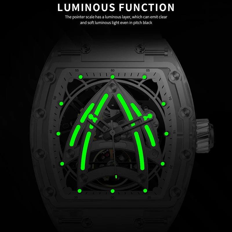 PINDU Designer Hollow Tonneau Mechanical Watch Men Luxury Brand Skeleton Automatic Watches Mens Sport Silicone Wristwatch JH3105