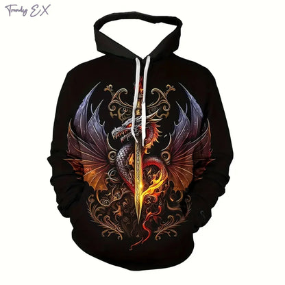 Neues 3D-Sweatshirt mit lila Flammendrachen-Grafik, Kordelzug, Pullover-Kapuze, Harajuku-Stil, Kängurutasche und langen Ärmeln für Herren