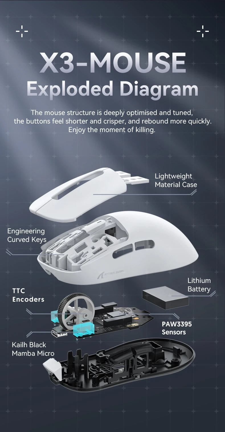 X3 vezeték nélküli gamer egér ATTACK SHARK, piros, 4K válaszidő, Bluetooth hárommódú kapcsolat, PAW3395, makrós Bluetooth gamer egér