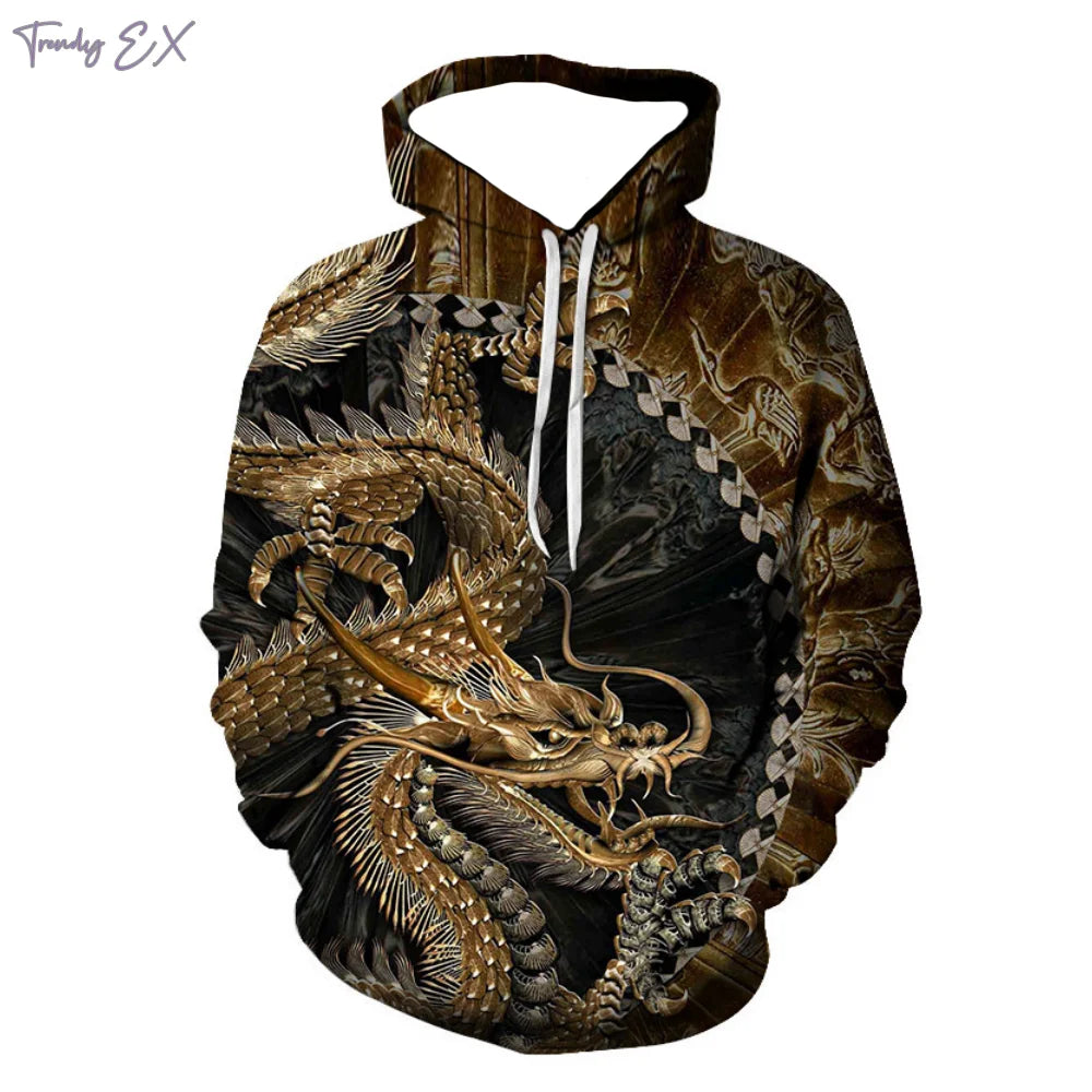 Neues 3D-Sweatshirt mit lila Flammendrachen-Grafik, Kordelzug, Pullover-Kapuze, Harajuku-Stil, Kängurutasche und langen Ärmeln für Herren