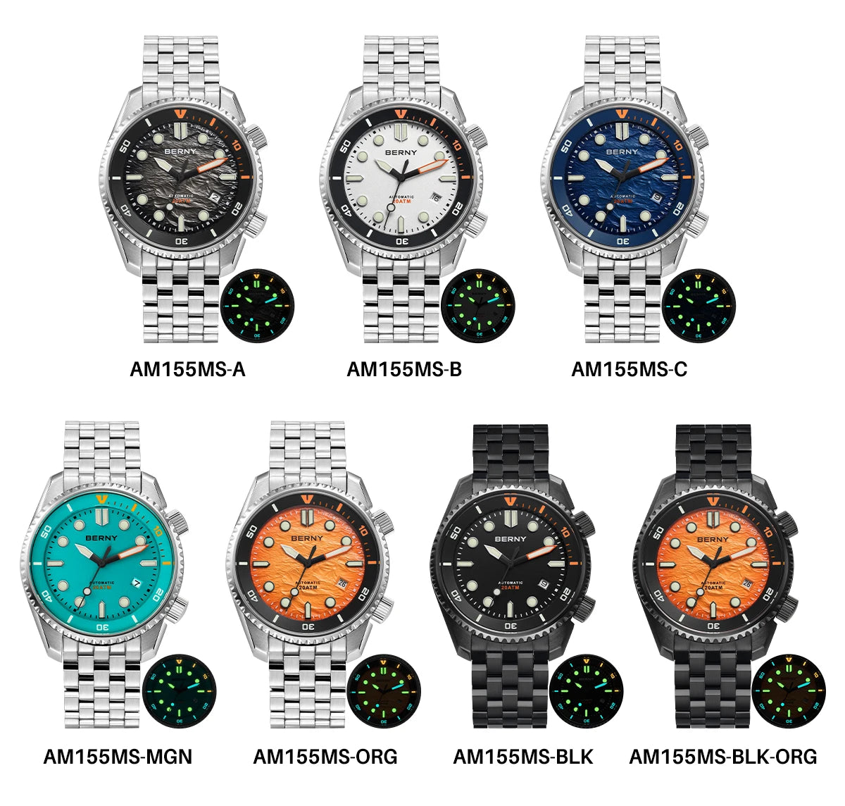 BERNY Diver Automatic Watches Men's Luxury Sapphire 316L Stainless Steel Mechanical Watch 42MM 200M Waterproof Diving Men Watch