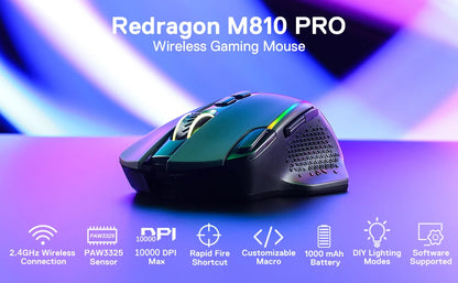 Ratón gaming inalámbrico Redragon M810 Pro, ratón gamer con cable de 10000 DPI con tecla Rapid Fire, 8 botones macro, negro/blanco