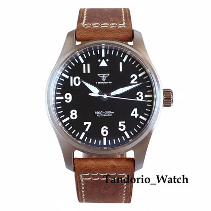 Tandorio 39mm Luxury Pilot Style Automatic Mechanical Men Watch For Miyota 8215 Movement 20ATM Luminous Diver Wristwatch Leather