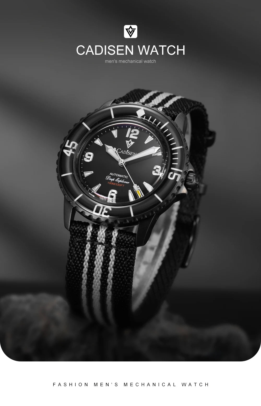 CADISEN Deep Explorer MIYOTA 8215 Automatic Mechanical Watch Man Canvas Strap Wristwatch Luxury Luminous Waterproof Watches