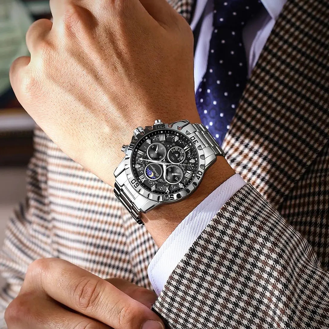 Montre homme de luxe POEDAGAR, étanche, lumineuse, en acier inoxydable, à quartz, chronographe, style militaire.