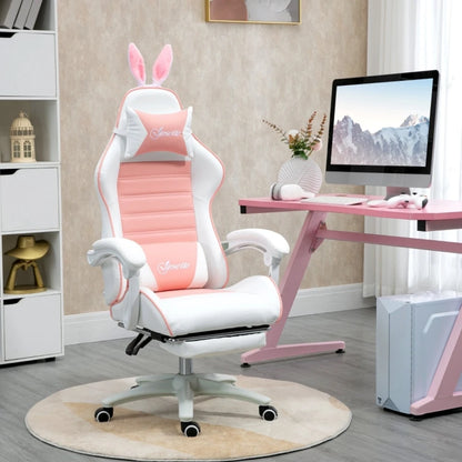 Ergonomic Gaming Chair, Reclinable Gamer Chair 135 ° , Footrest, Lumbar Cushion and Headrest, Adjustable Height, Pink