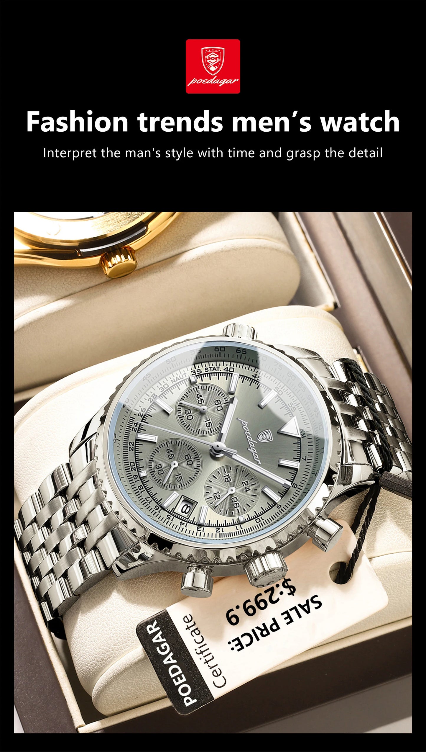 POEDAGAR Fashion Men's Quartz Watch Stainless Steel Waterproof Luminous Man Watch Chronograph Date Multifunction Watches For Men