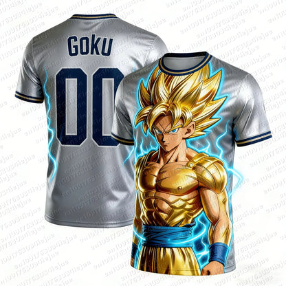 2026 Summer Dragon Ball Goku Golden Super Saiyan #00 Soccer Jersey, 3D Lightning Print Breathable Oversized Tee for Unisex Kids