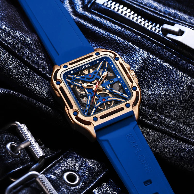 LIGE New Fashion Men Watches Luxury Large Dial Square Design Quartz Watch Casual Silicone Band Men's Sports Watches Reloj Hombre