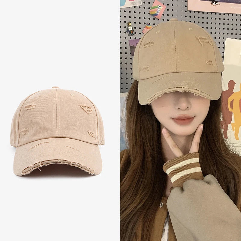 Ny forårs- og sommerhat til mænd og kvinder i hip-hop-stil – alsidig, blød top, buet skygge, retro-look med slidte huller og duckbill-form