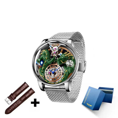 PINDU Fashion Roman Numeral Display Mineral Tempered Glass Material Quartz Movement 3ATM Waterproof Celestial Dragon Men's Watch