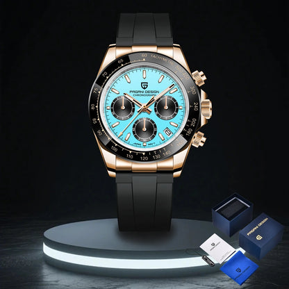 PAGANI DESIGN New Gold Blue Luxury Quartz Watch For Men Gift Box VK63 Movt Chronograph Sapphire Crystal Stainless Steel Watch