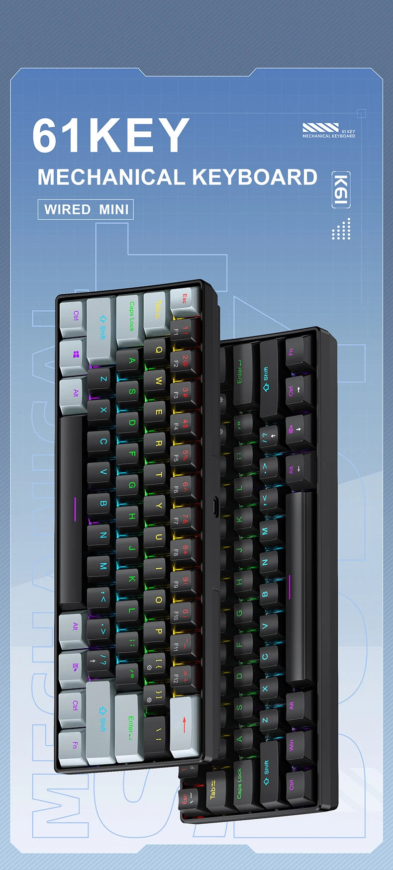 APAYADO K61 60% mini laidinė mechaninė žaidimų klaviatūra Phantom RGB, 61 klavišas, raudoni / mėlyni jungikliai, ergonomiška, nešiojama, skirta PC / nešiojamajam kompiuteriui