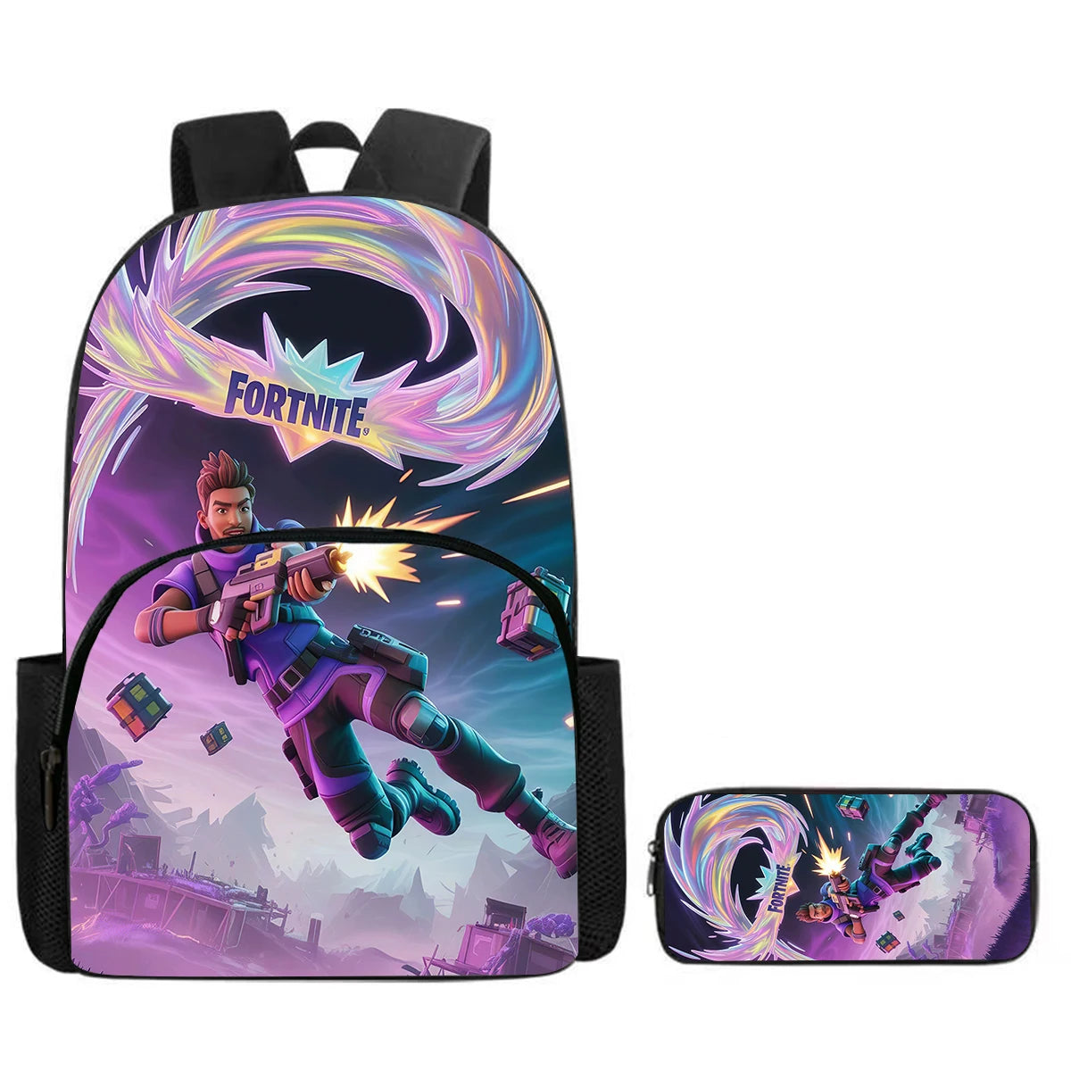 Fortnite Cartoon Backpack w/ Front Pocket & Pencil Case 2PCS - School Set for Boys Girls Age 5-8, Back to School Gift
