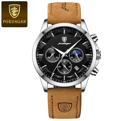 Montre-bracelet de luxe élégante pour homme POEDAGAR, étanche, chronographe, date lumineuse, bracelet en cuir, mouvement à quartz, montre de sport pour homme