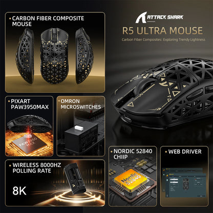 Rato Gaming Sem Fios ATTACK SHARK R5 Ultra em Fibra de Carbono, Sensor Gaming PixArt PAW3950MAX, 42000DPI, 8000Hz, MCU Nordic 52840