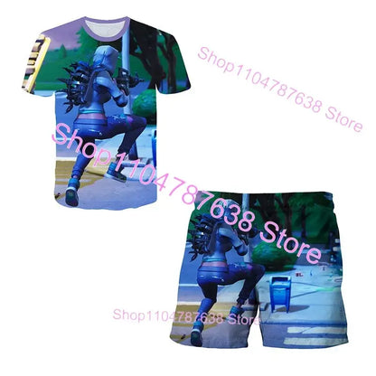 2PCS Suits F-Fortnited Victory 3D T-shirt Shorts Kids Tops Girls Boys Battle Royale Clothes Harajuku Tees Hero Children T Shirt