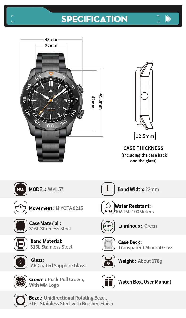 WM Watch Automatic Mechanical Watches Water Resistant Classic Casual Business Man Watch Welly Merck WM157M
