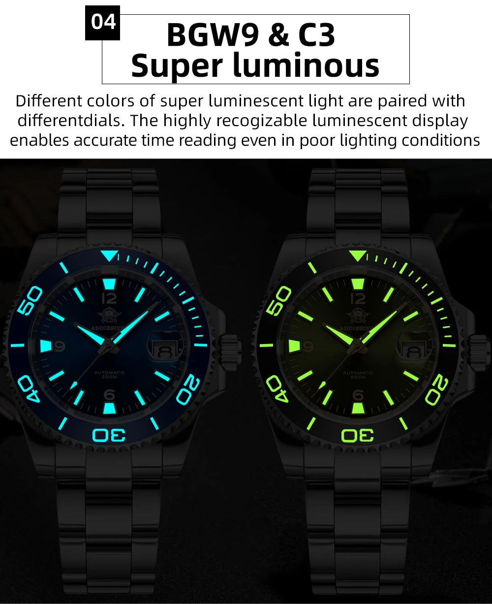 ADDIESDIVE New Diving Gift Watch Men 8215 Automatic Sapphire AR Coated Glass Ceramic Bezel Waterproof 200m Luminous Stainless St