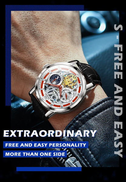 OLEVS Top Brand Men's Skeleton Mechanical Watch, Waterproof Leather Strap, Moon Phase, Automatic Tourbillon Wristwatch