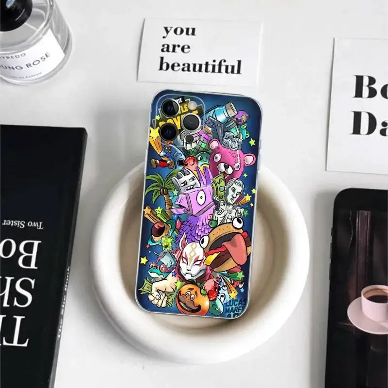 Cartoon B-Battle-R-Royales-F-FortniteS for iPhone 17 16 15 14 13 12 11 Pro Max Plus Transparent Soft TPU Phone Cover