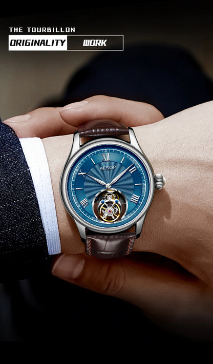 AESOP Mens Mechanical Wristwatches Flying Tourbillon Movement Skeleton Watch for Men Man Luxury Clocks Real Tourbillon Watch