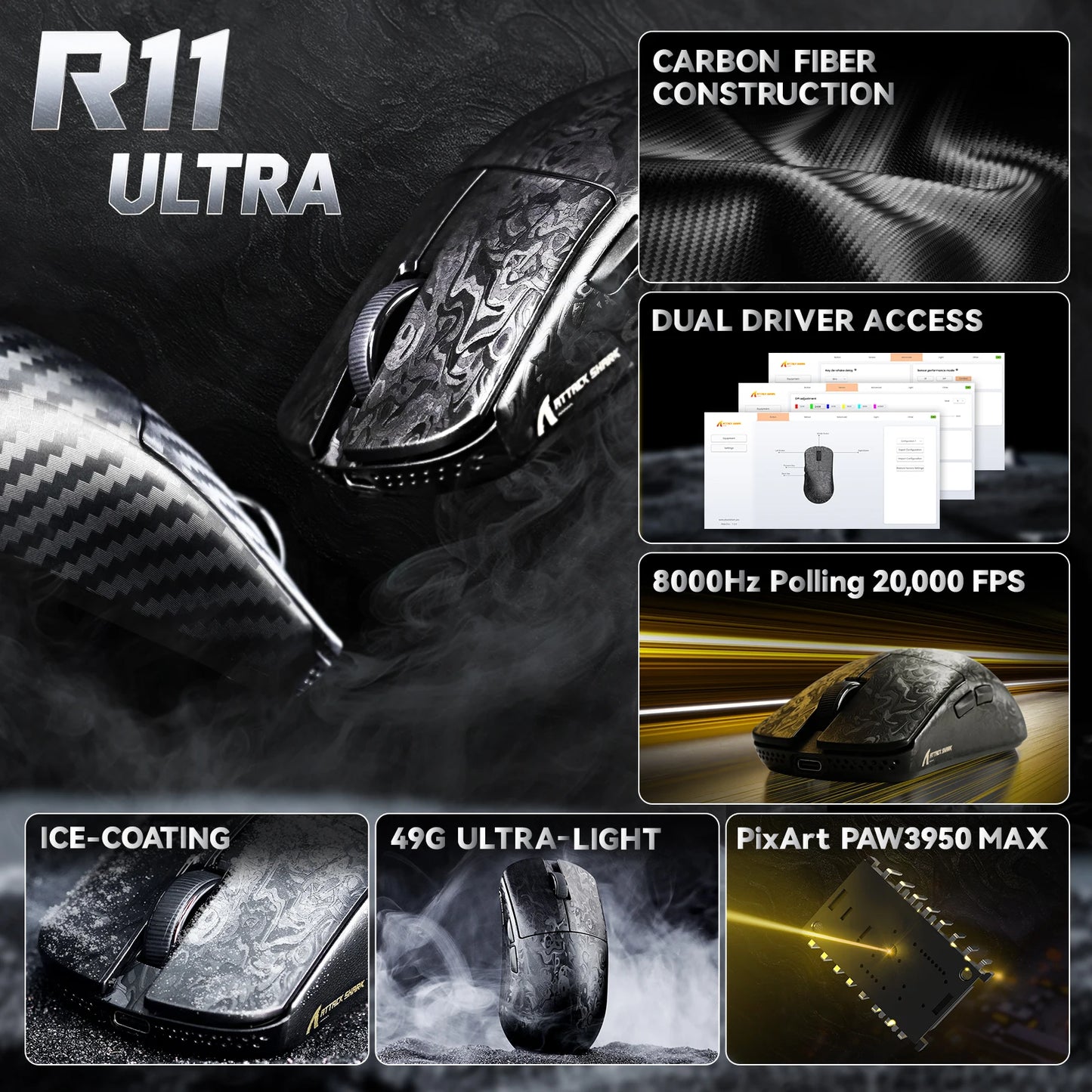 ATTACK SHARK R11 ULTRA szénszálas vezeték nélküli gaming egér, 8000Hz, PAW3950MAX, 42000DPI, 49g könnyű kivitel, 20000FPS, Nordic 52840