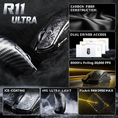 ATTACK SHARK R11 ULTRA szénszálas vezeték nélküli gaming egér, 8000Hz, PAW3950MAX, 42000DPI, 49g könnyű kivitel, 20000FPS, Nordic 52840