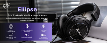Auscultadores Linsoul Kiwi Ears Ellipse de nível de estúdio, abertos, com driver dinâmico e cabo destacável, headset Hi-Fi circum-aural com fios e graves potentes