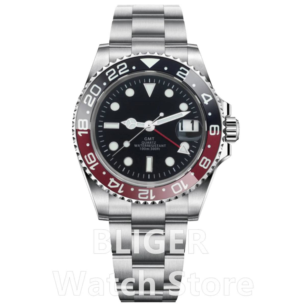 BLIGER 40mm 515 24H GMT Men's Watch Stainless Steel Clasp Luminous Quartz Movement Ceramic Bezel Sapphire Glass 10Bar Waterproof