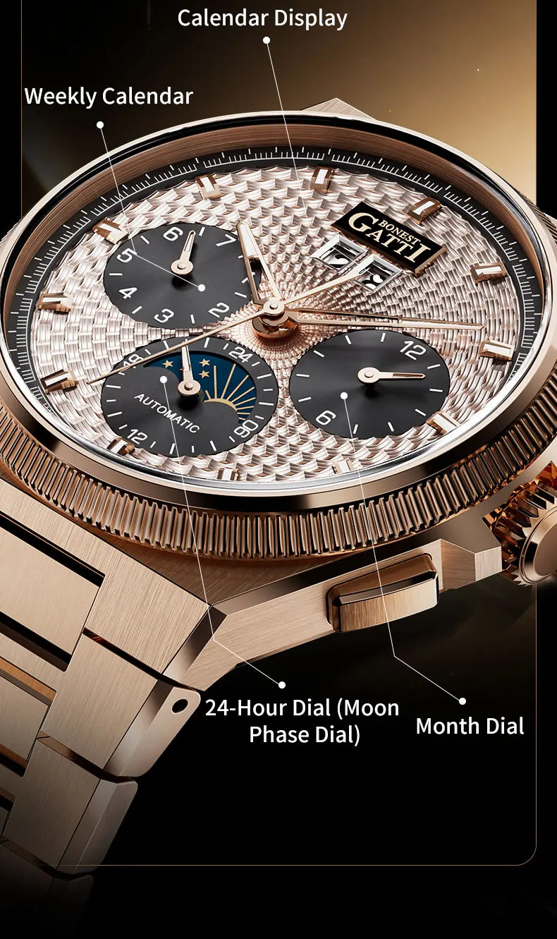 BONEST GATTI 2026 New Men's Automatic Watch 316L Stainless Steel Luminous Date Week Month 24H Display Business Mechanical Watch
