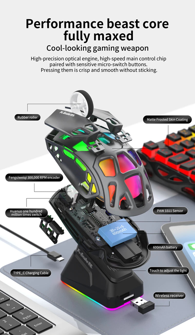Ľahká herná myš Lenovo Tri-Mode s RGB nabíjacím dokom, 12000DPI, 2.4G/Bluetooth/káblové pripojenie, ergonomická myš pre PC a notebook