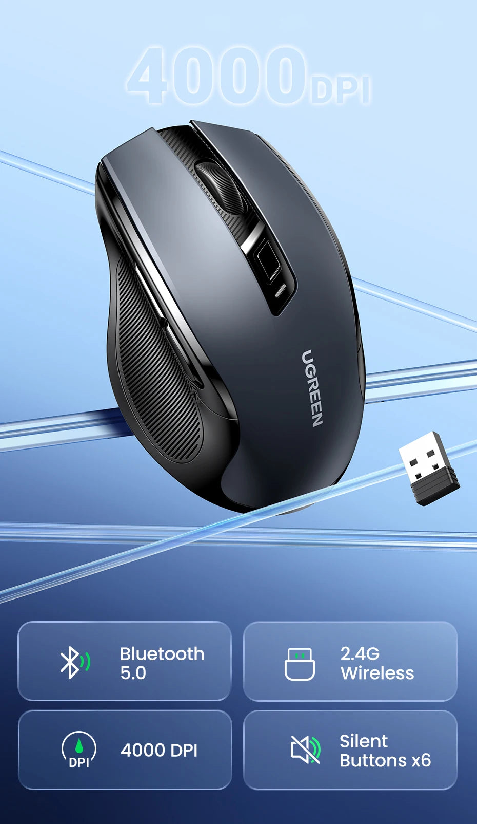 Rato sem fios UGREEN Bluetooth 5.0 ergonómico, 4000DPI, 6 botões silenciosos, para MacBook, tablet, portáteis, computador e PC, rato 2.4G