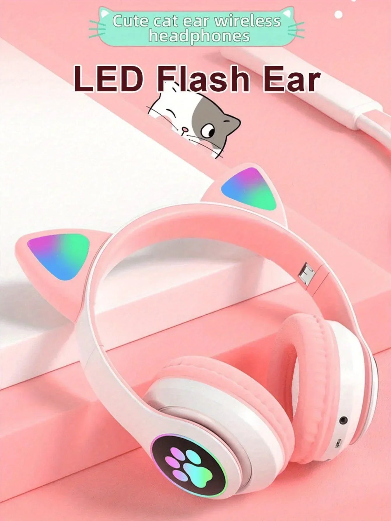 Cute Cat Ears Wireless Bluetooth Headphones with Mic LED Lights, Kids Stereo Music Headset, Cat Ear Wireless Headphones with Noise Cancelling, Gaming & Gift Headphones