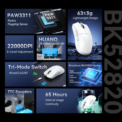 ATTACK SHARK X11SE Wireless Gaming Mouse Tri-Mode, 63g Superlight Gaming Mouse with PAW3311 Sensor, 22000 DPI, Bluetooth & 2.4GHz RGB Gaming Mouse