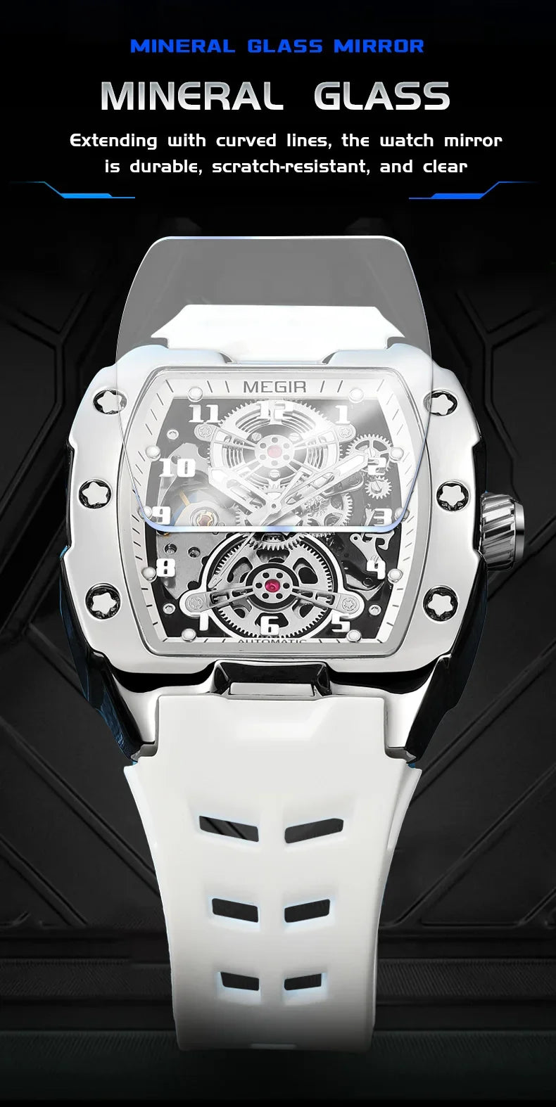 MEGIR Fashion Sport Alloy Case Men Mechanics Watch Waterproof Silicone Band Barrel Shaped Dial Luminous Pointer Man Wristwatches