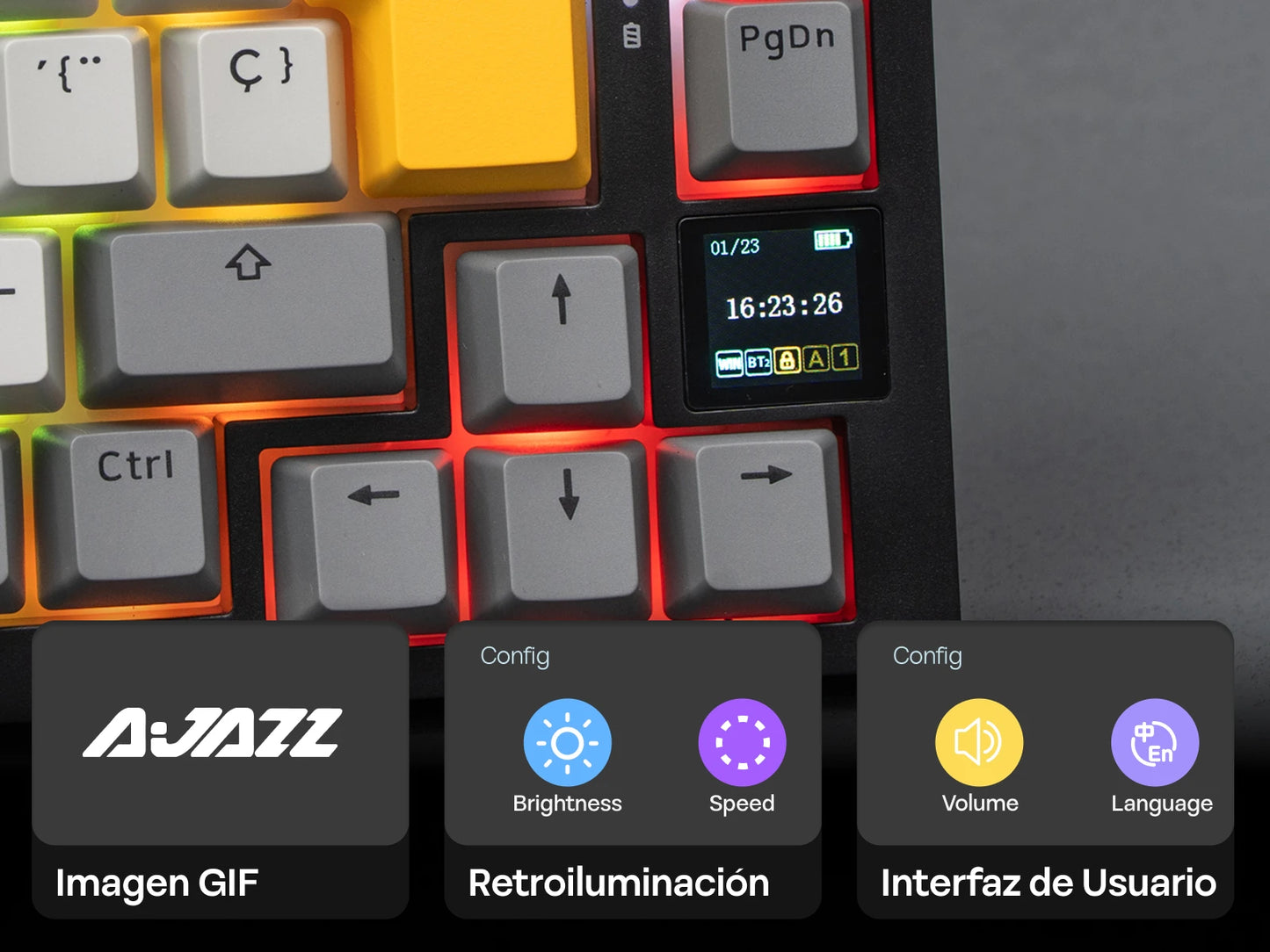 ISO-ES-Layout EPOMAKER X AJAZZ AK820 PRO 75% Spanisches Layout Kabelgebundene/2.4GHz/BT mechanische Tastatur mit Display & Drehregler für PC/Mac