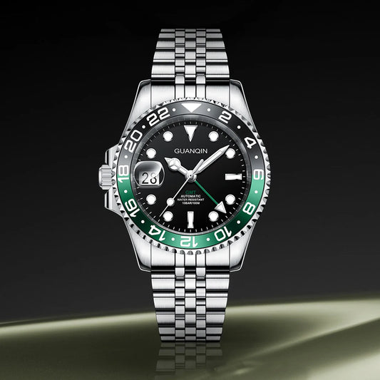 GUANQIN GMT Herrenuhren 2025 Neue Automatikuhr für Herren NH34 Mechanische Armbanduhr Saphirglas Edelstahlgehäuse Linkshänder