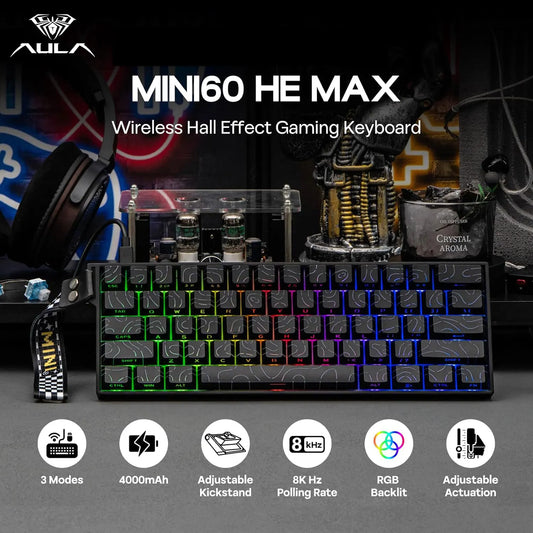 AULA Mini60 HE/Pro/Max 60% Magnetic Switch Gaming Keyboard RGB Tri Mode Mechanical Keyboard 8000Hz 0.01mmRT for E-Sports Gifts