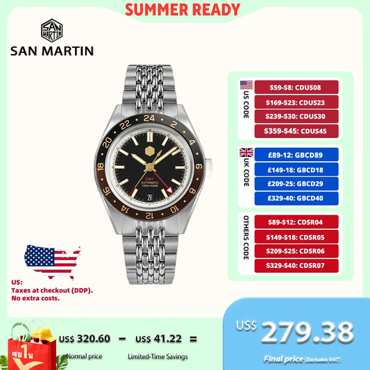 San Martin 39,5 mm Limited Edition Automatikuhr für Herren mit Full-Lume-Zifferblatt, NH34 GMT, 6H-Datum, 10 Bar, Luxus-Kol Saati SN0116W