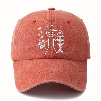 Printed cartoon man fishing baseball cap, outdoor curved brim cap, truck driver cap, vacation travel camping