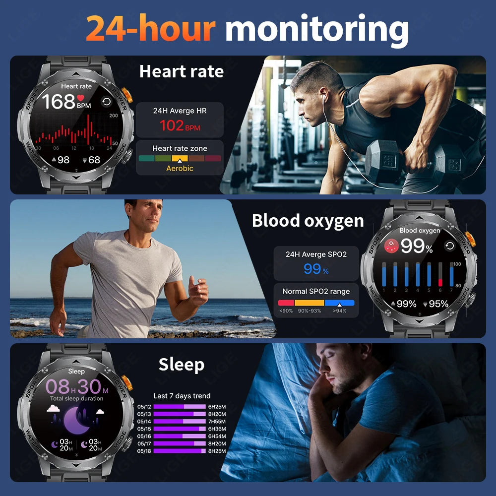 LIGE New Smart Watch Men 1000mAh Large Capacity Battery Outdoor Flashlight Bluetooth Call Waterproof Sport Fitness Smartwatch