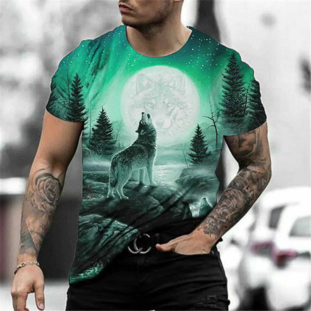 European and American men's new fashionable summer wolf roar print comfortable and breathable round neck T-shirt outdoor top