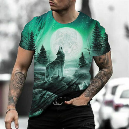 European and American men's new fashionable summer wolf roar print comfortable and breathable round neck T-shirt outdoor top