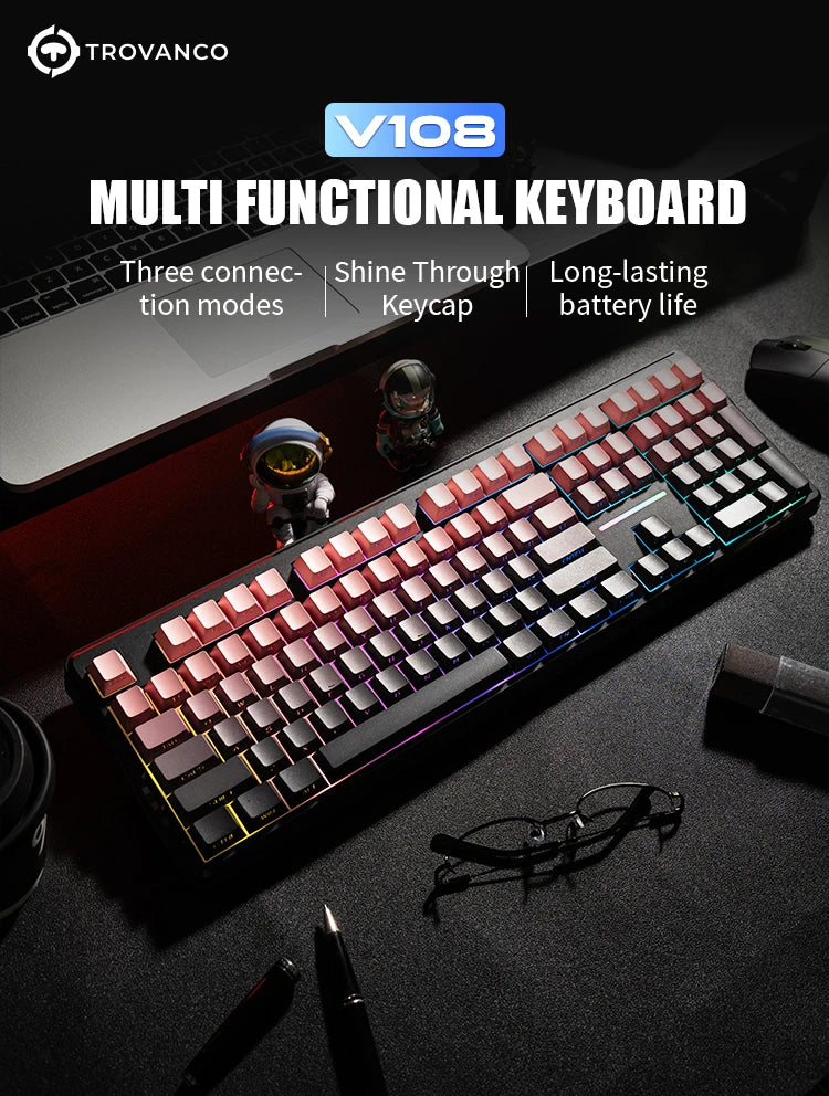 Teclado Bluetooth V108 Pro para oficina, bajo nivel de ruido, 2.4G, con cable e inalámbrico, diseño completo, membrana con retroiluminación RGB